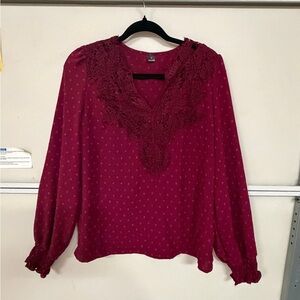 Women's Lace-Trim V-Neck Blouse in Deep Cherry Sz L